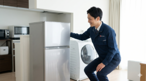 東京都内で冷蔵庫の出張買取を行う買取名人のスタッフ。きれいなキッチンで冷蔵庫を笑顔で査定する様子。