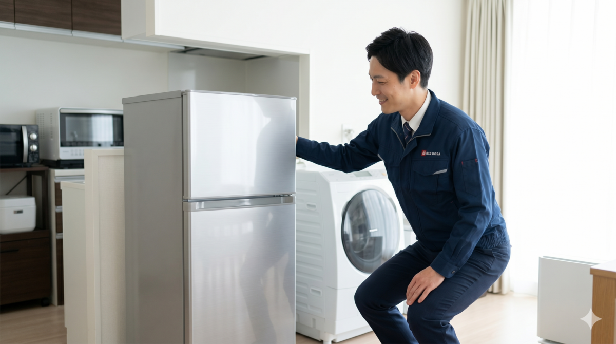 東京都内で冷蔵庫の出張買取を行う買取名人のスタッフ。きれいなキッチンで冷蔵庫を笑顔で査定する様子。