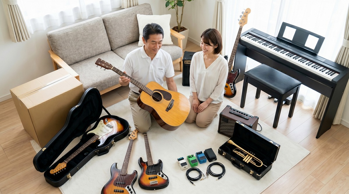 楽器の買取依頼をした日本の女性宅で、複数の楽器（アコースティックギター、エレキギター、キーボード、サックスなど）を買取名人の査定スタッフが鑑定している様子。