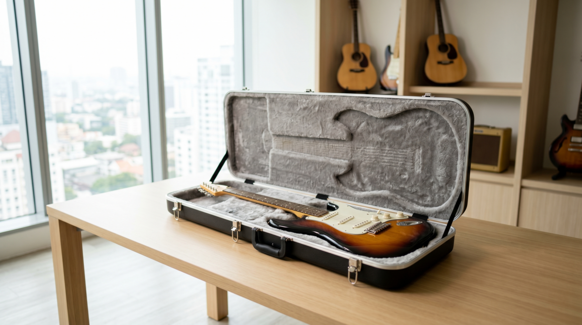 東京の明るい部屋で、オープンハードケースに収められたサンバースト仕上げのフェンダー・ストラトキャスター。ギター買取の高品質な査定環境をイメージ。