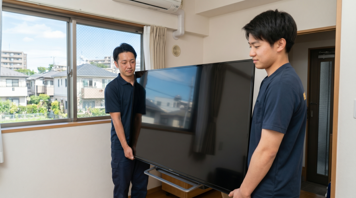 東京・武蔵野市でテレビの出張買取を行う「買取名人」のプロスタッフが、大型テレビを丁寧に搬出している様子。信頼と安心のサービスを伝えるアイキャッチ画像。