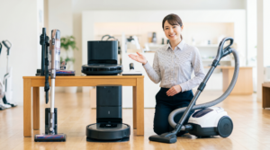 掃除機買取依頼主の部屋で、様々な種類の掃除機（コードレス、ロボット、キャニスター）が清潔に並べられている様子と、買取の説明をする買取名人の女性スタッフ。掃除機の買取をイメージさせる。