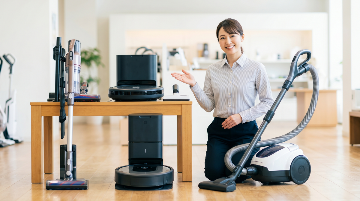 掃除機買取依頼主の部屋で、様々な種類の掃除機(コードレス、ロボット、キャニスター)が清潔に並べられている様子と、買取の説明をする買取名人の女性スタッフ。掃除機の買取をイメージさせる。