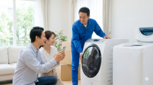 明るいリビングで、満足そうな表情の日本人ご夫婦に、最新ドラム式洗濯機の査定結果を説明する笑顔の買取名人スタッフ。信頼と満足感をイメージ。