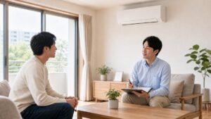 エアコン取り外し工事と出張買取について見積する買取名人査定スタッフ