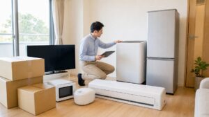 引っ越し前に冷蔵庫や洗濯機などの家電をまとめて出張買取査定する様子