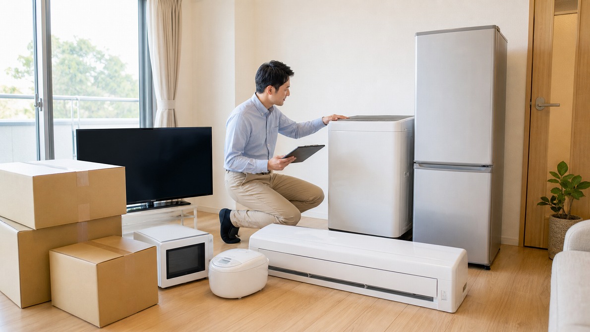 引っ越し前に冷蔵庫や洗濯機などの家電をまとめて出張買取査定する様子