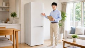 冷蔵庫の出張査定を行う買取名人の査定スタッフと200Lの2ドア冷蔵庫