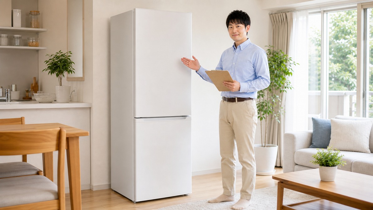 冷蔵庫の出張査定を行う買取名人の査定スタッフと200Lの2ドア冷蔵庫