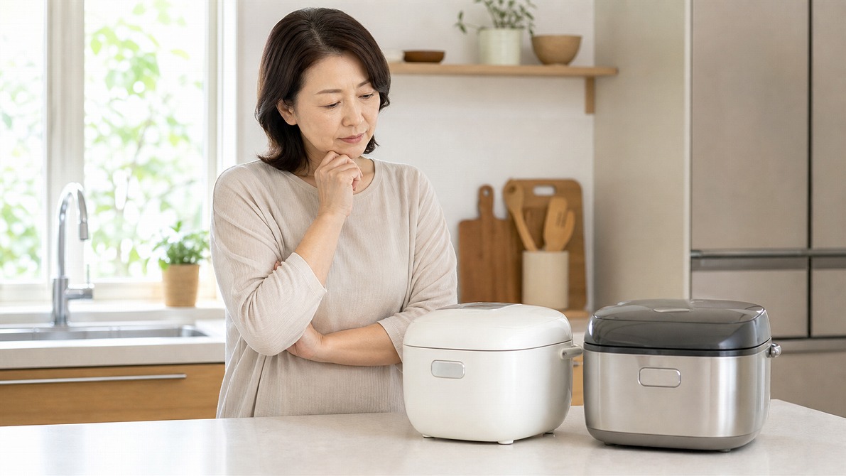 キッチンで炊飯器が売れるか考えているお客様の買取相談前イメージ