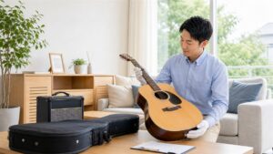 東京練馬区の楽器出張買取で買取名人の査定スタッフがギターを確認している様子