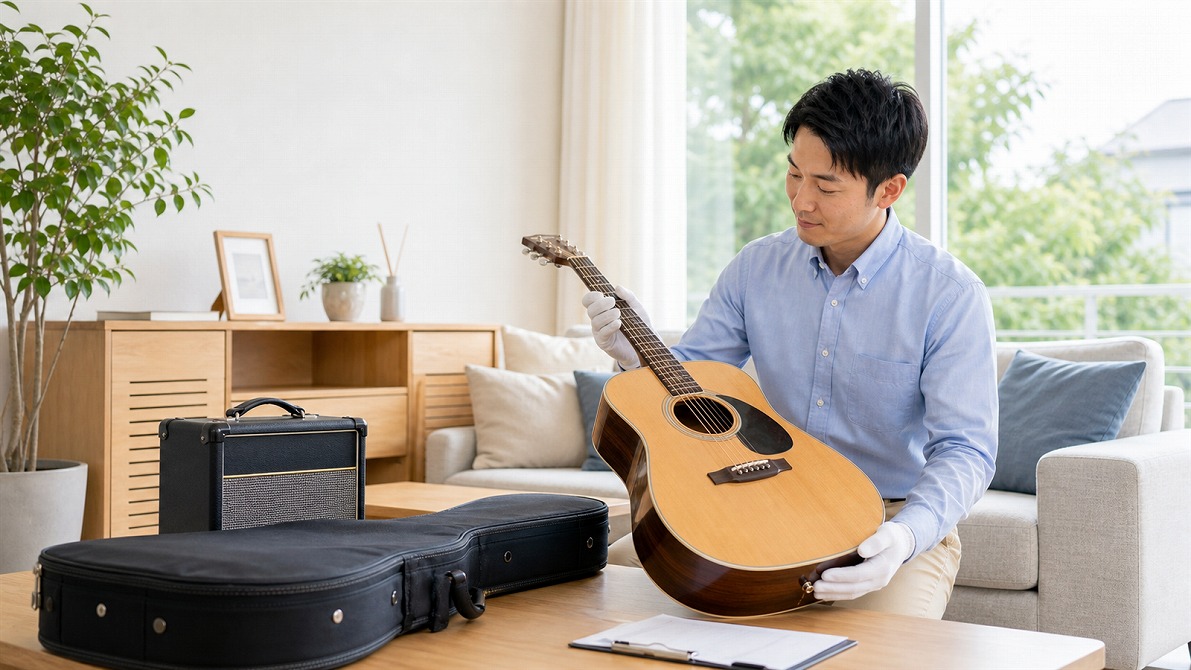 東京練馬区の楽器出張買取で買取名人の査定スタッフがギターを確認している様子
